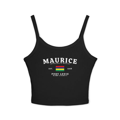 White tank top with Maurice République de Maurice flag, Est. 1968, Port Louis and coordinates design