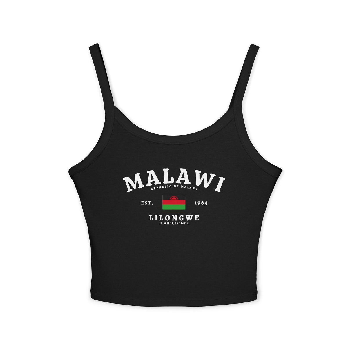 Black tank top with Malawi flag, Republic of Malawi, Est. 1964, Lilongwe, and coordinates design