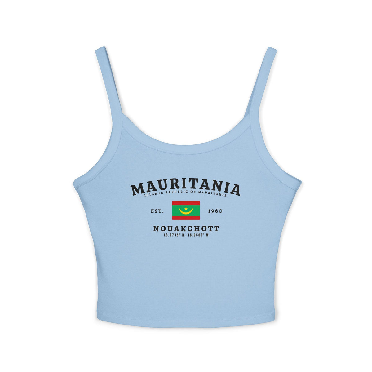 White tank top with vintage Mauritania flag, Nouakchott, Islamic Republic text, and Est. 1960 design