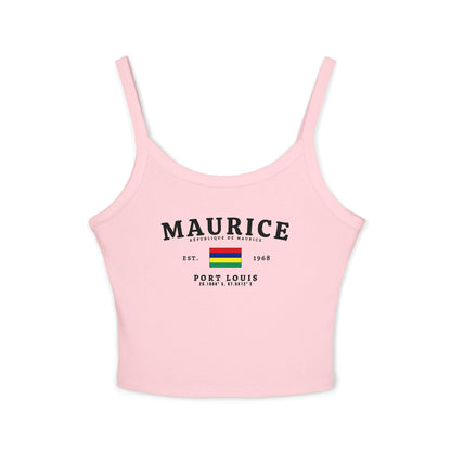 White tank top with Maurice République de Maurice flag, Est. 1968, Port Louis and coordinates design