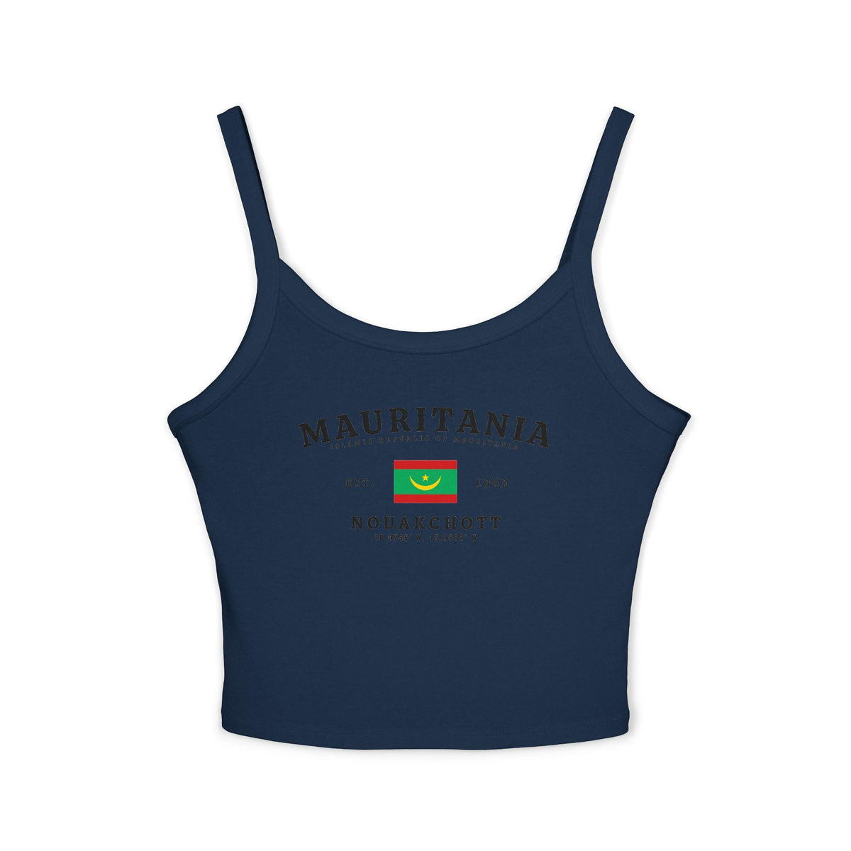 White tank top with vintage Mauritania flag, Nouakchott, Islamic Republic text, and Est. 1960 design