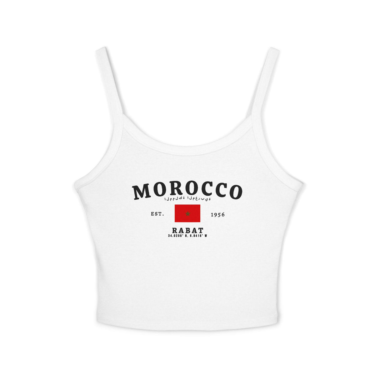 Red tank top with Morocco text, Arabic script, Moroccan flag, Est. 1956, and Rabat coordinates