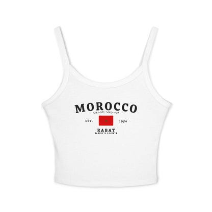 Red tank top with Morocco text, Arabic script, Moroccan flag, Est. 1956, and Rabat coordinates