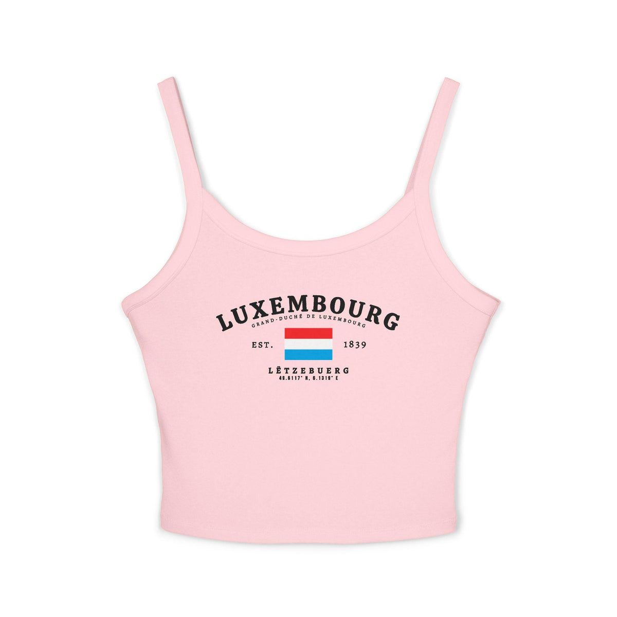 Light blue tank top with vintage Luxembourg flag graphic, Est. 1839 text, Lëtzebuerg and coordinates.