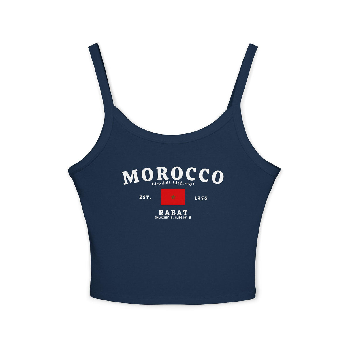 Red tank top with Morocco text, Arabic script, Moroccan flag, Est. 1956, and Rabat coordinates