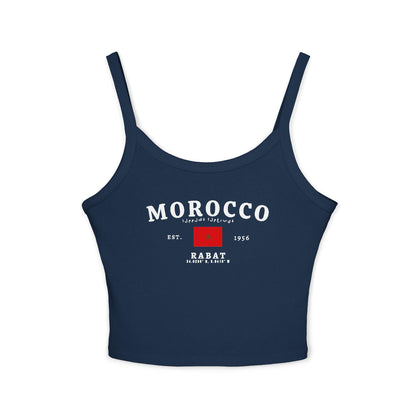 Red tank top with Morocco text, Arabic script, Moroccan flag, Est. 1956, and Rabat coordinates
