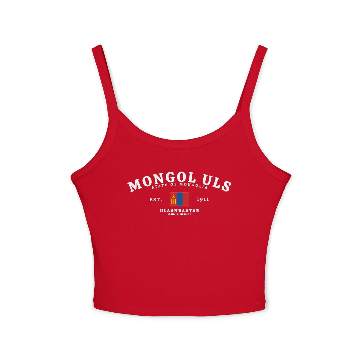 Red tank top with Mongol Uls, Mongolia flag, Ulaanbaatar, coordinates, and Est. 1911 design
