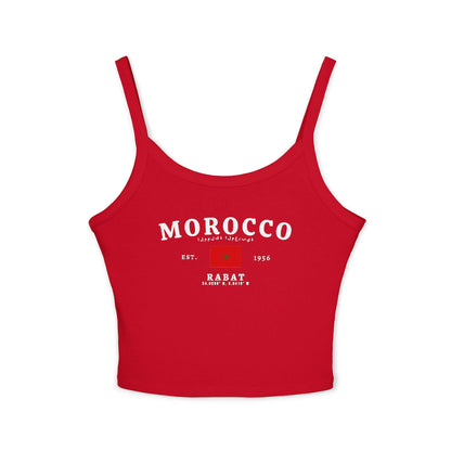 Red tank top with Morocco text, Arabic script, Moroccan flag, Est. 1956, and Rabat coordinates