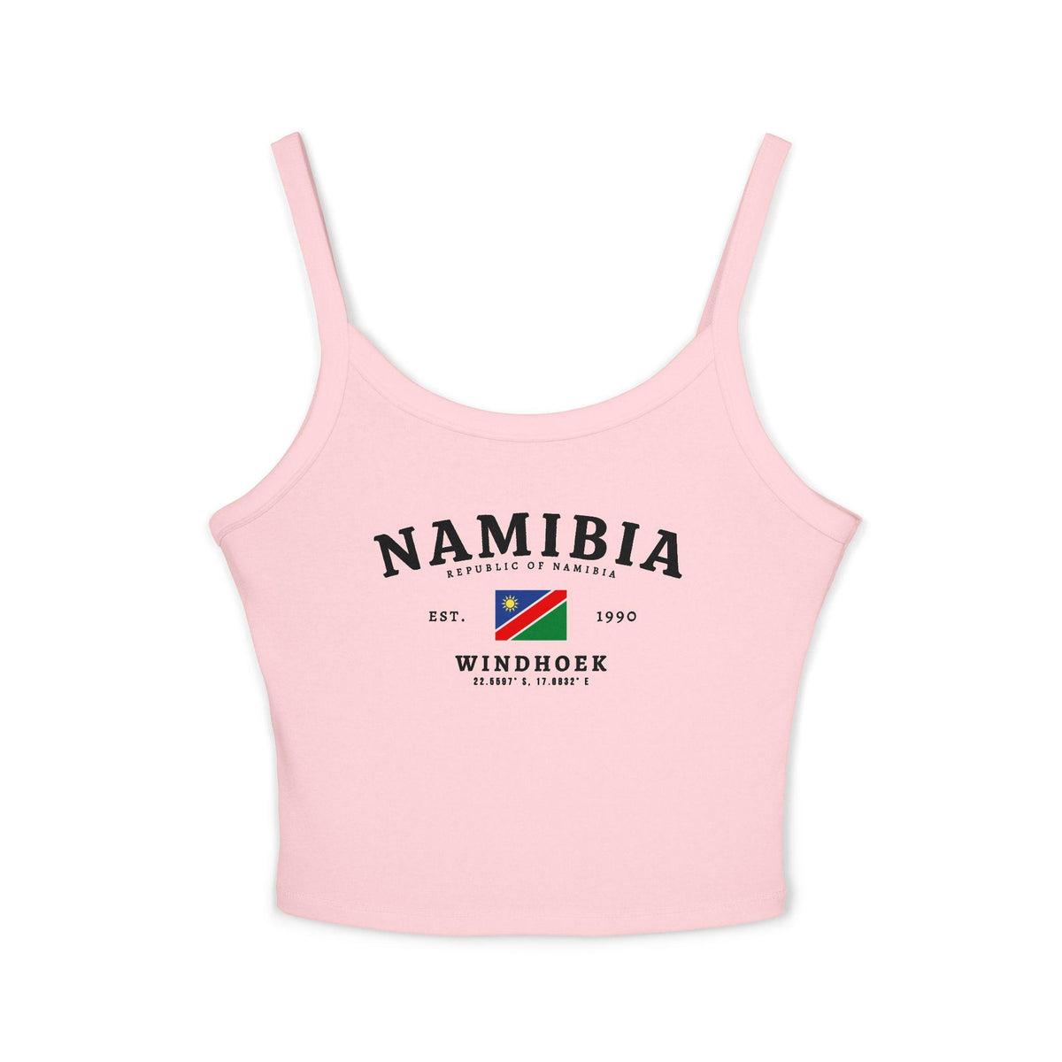 Black tank top with Namibia, Windhoek, Republic of Namibia text, Est. 1990, and Namibia flag design