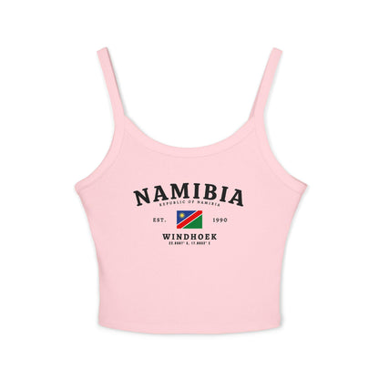 Black tank top with Namibia, Windhoek, Republic of Namibia text, Est. 1990, and Namibia flag design