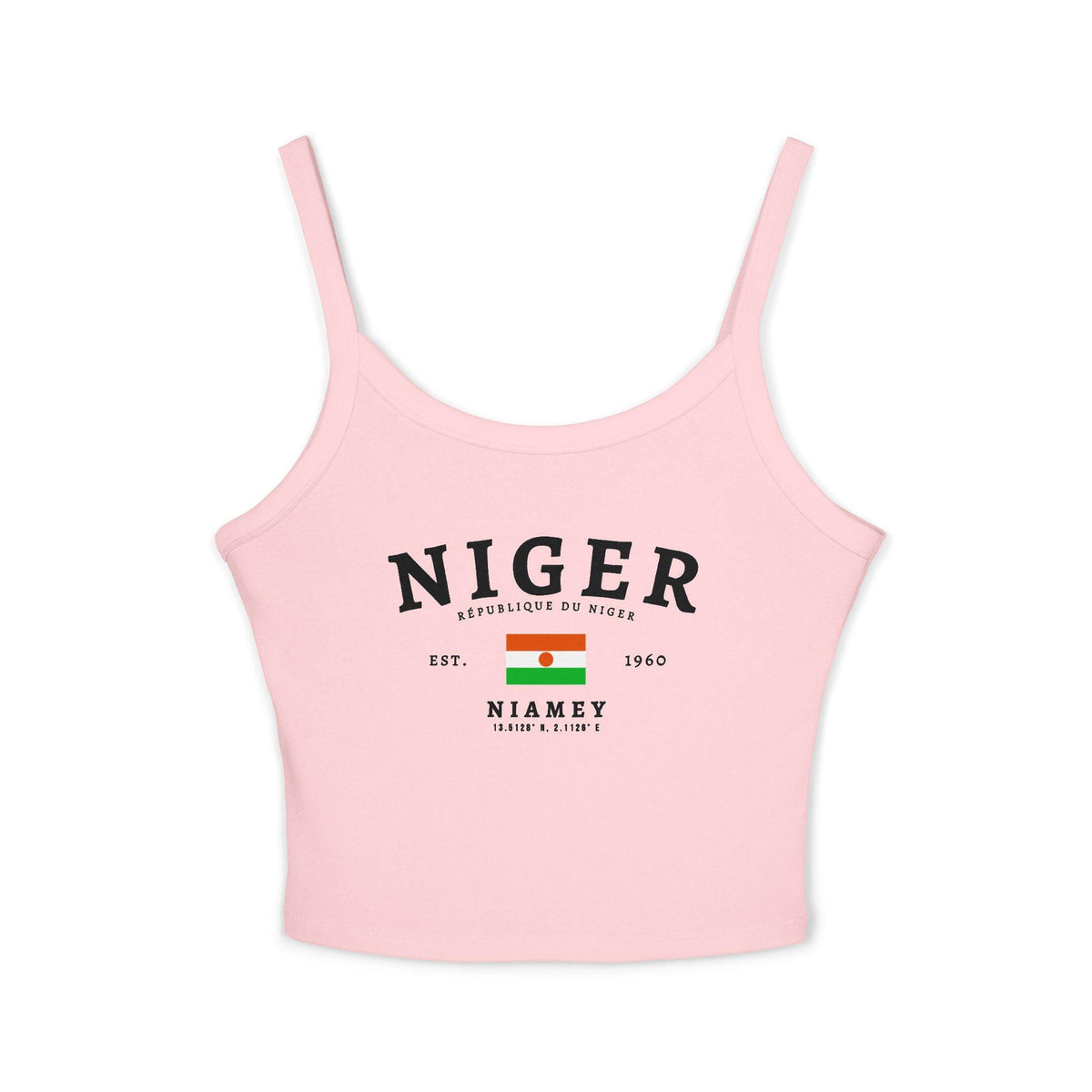 Light blue tank top with vintage Niger flag design, République du Niger text, Est. 1960 and Niamey coordinates