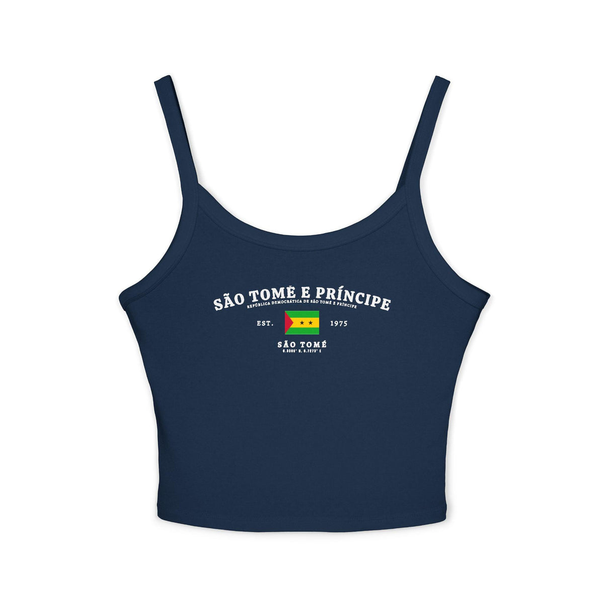 Navy tank top with São Tomé e Príncipe flag, Est. 1975 text and São Tomé coordinates