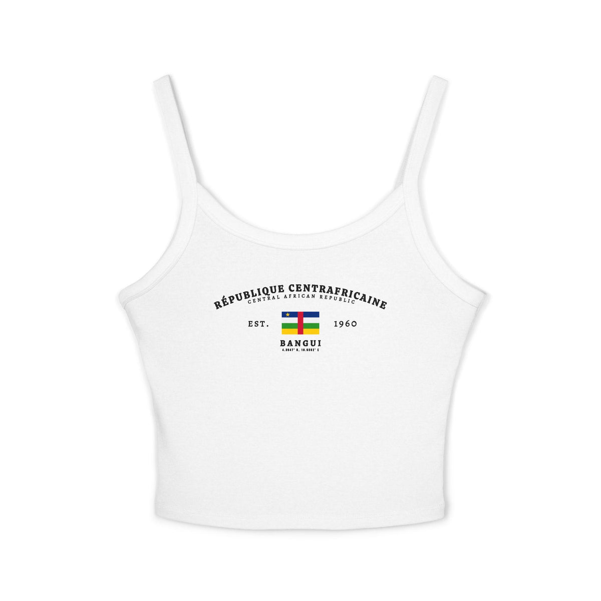 White tank top with République Centrafricaine flag design, Bangui text, and Est. 1960 details