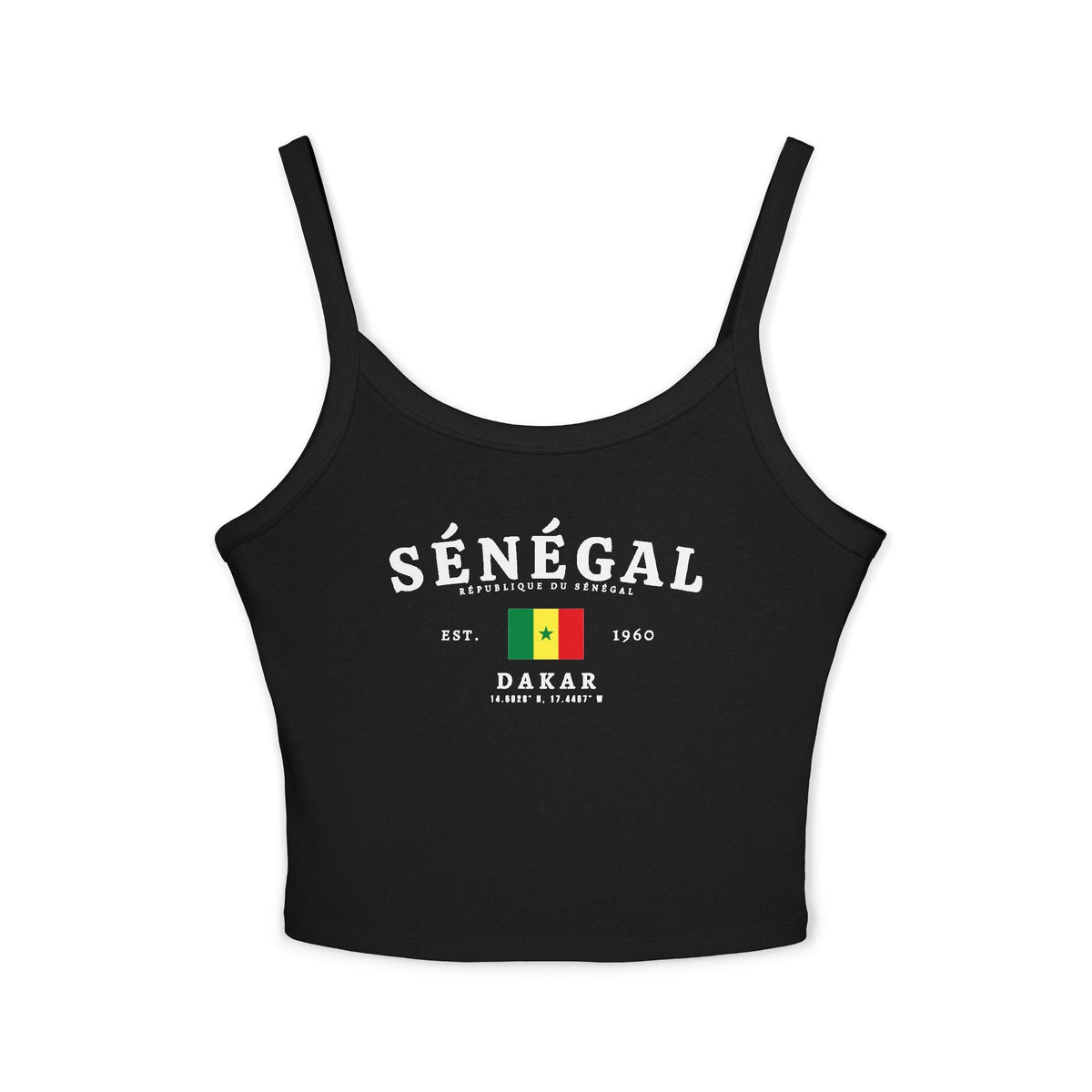 Black tank top with SÉNÉGAL lettering, Senegal flag, Dakar text, 1960 date, and coordinates