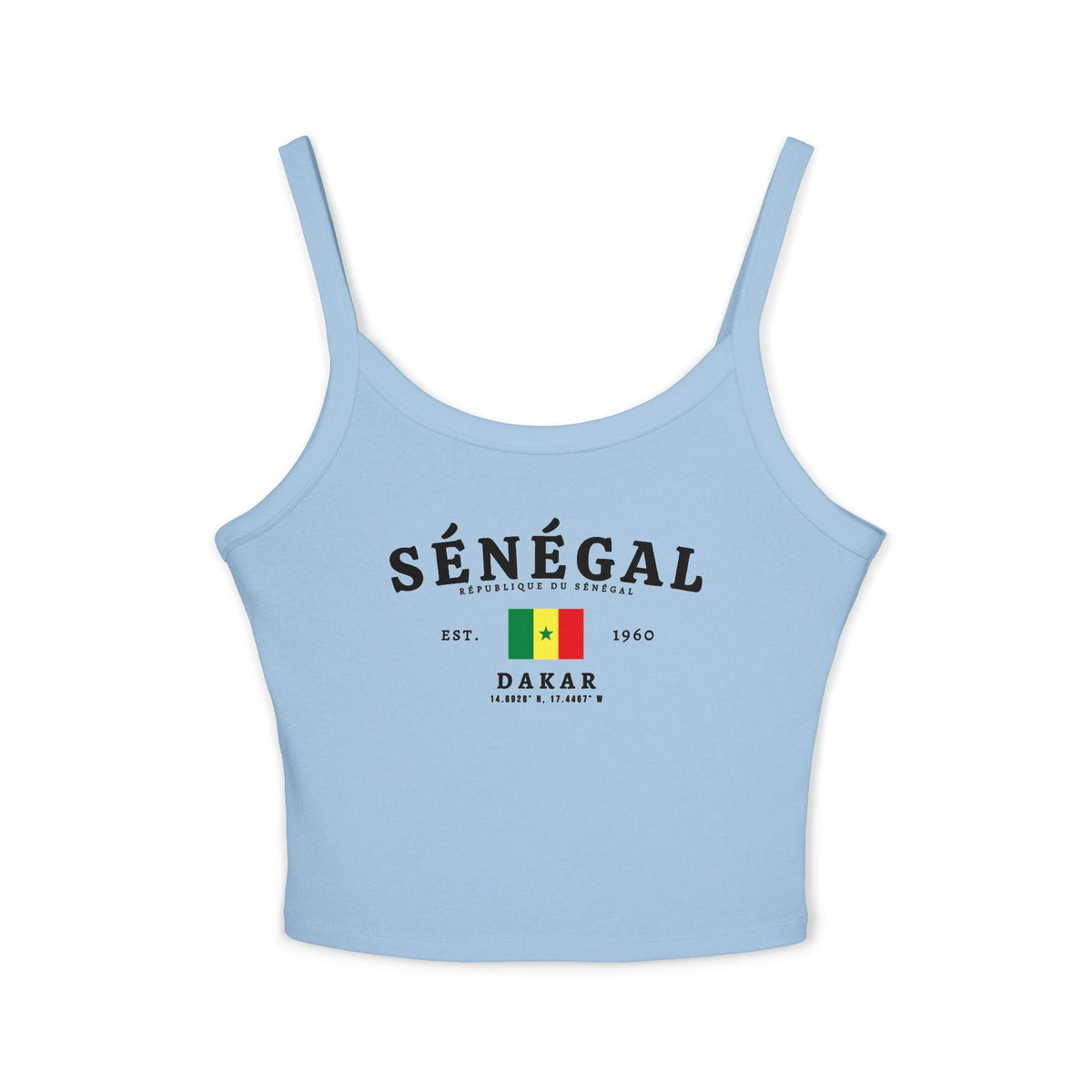 Black tank top with SÉNÉGAL lettering, Senegal flag, Dakar text, 1960 date, and coordinates