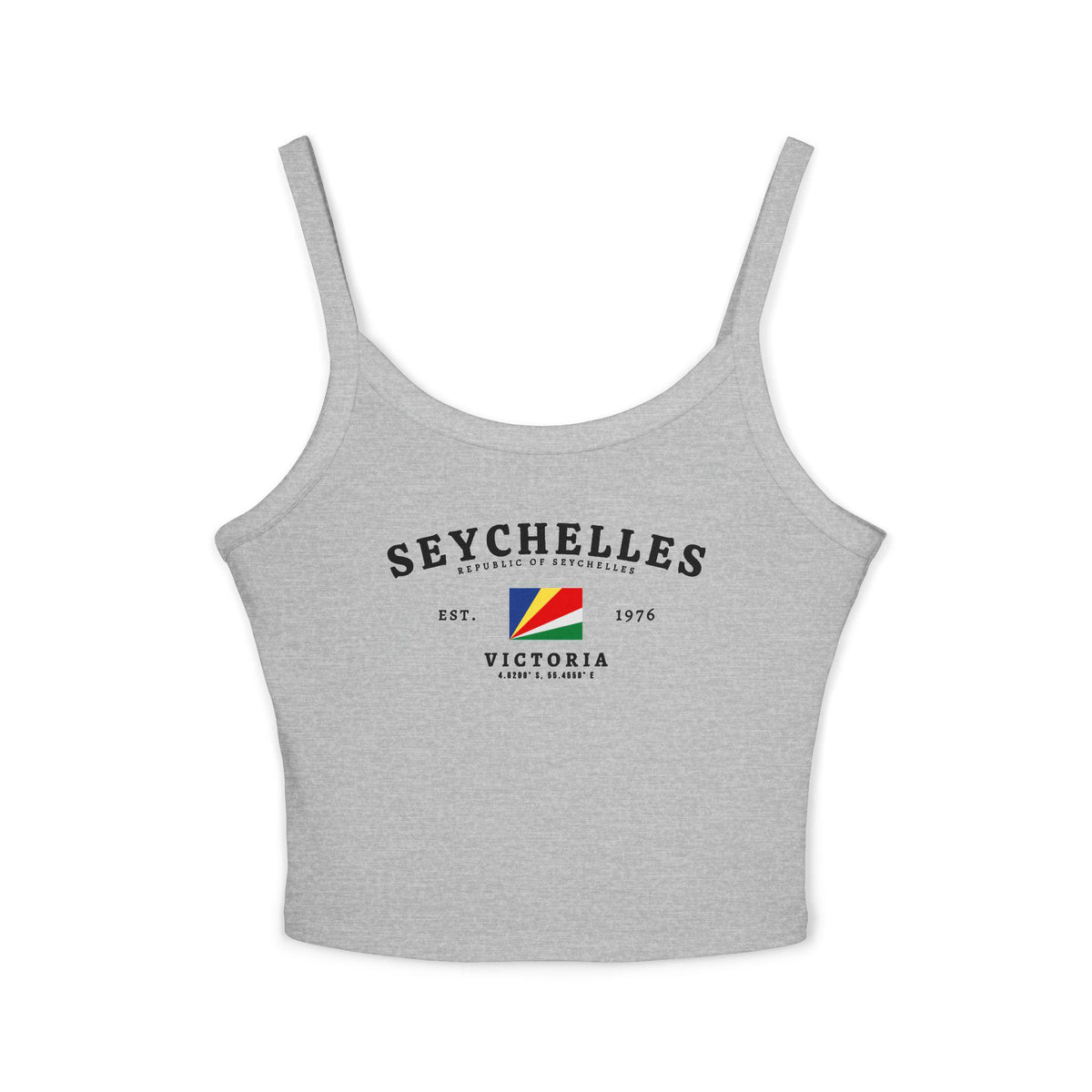 Navy tank top with Seychelles flag, Republic of Seychelles text, Victoria, and coordinates design