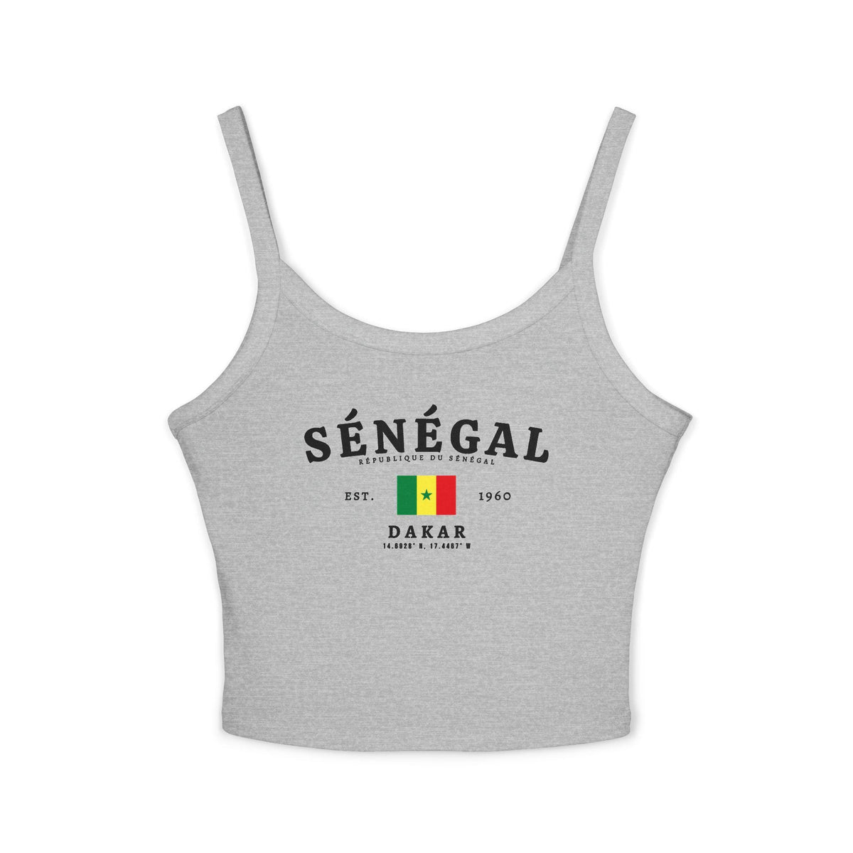 Black tank top with SÉNÉGAL lettering, Senegal flag, Dakar text, 1960 date, and coordinates