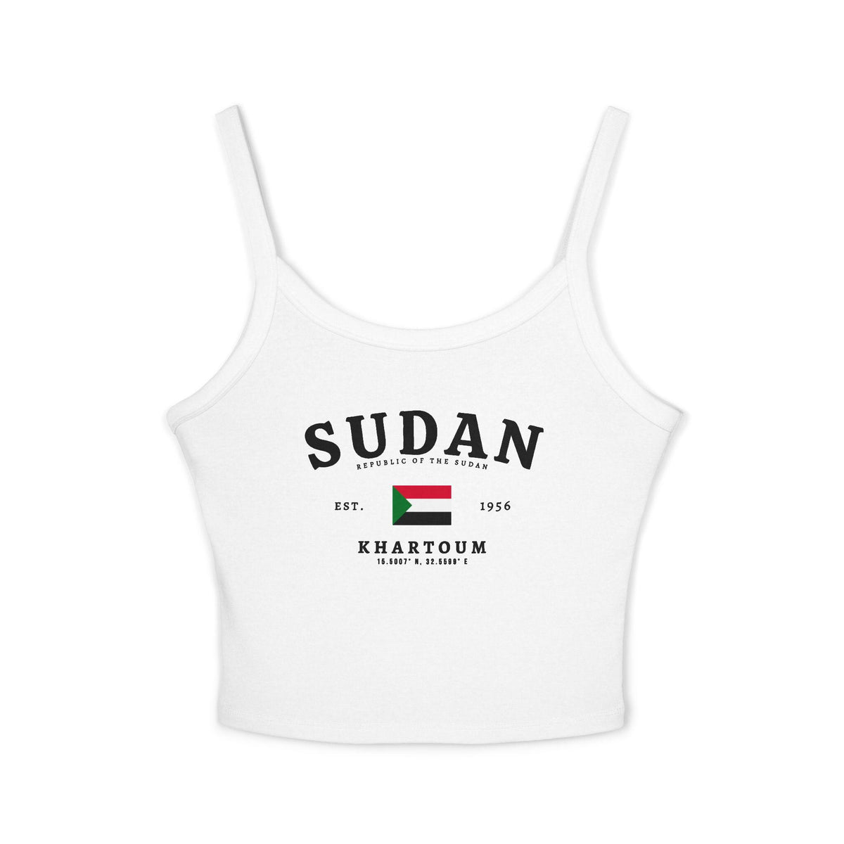 Black tank top with Sudan text, Republic of the Sudan flag, Khartoum, coordinates, and Est. 1956 design