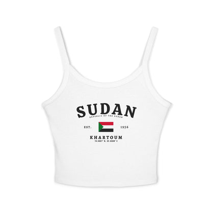 Black tank top with Sudan text, Republic of the Sudan flag, Khartoum, coordinates, and Est. 1956 design