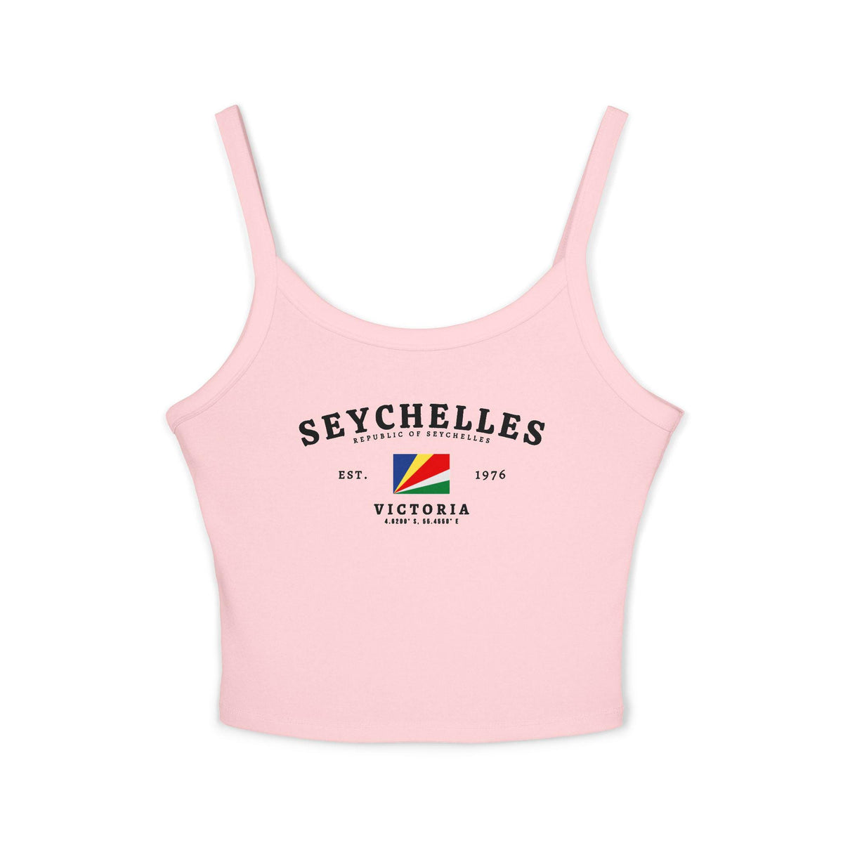 Navy tank top with Seychelles flag, Republic of Seychelles text, Victoria, and coordinates design