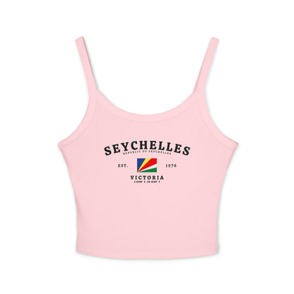 Navy tank top with Seychelles flag, Republic of Seychelles text, Victoria, and coordinates design