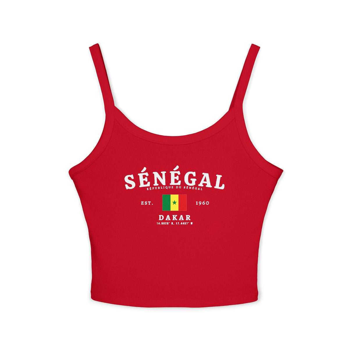 Black tank top with SÉNÉGAL lettering, Senegal flag, Dakar text, 1960 date, and coordinates