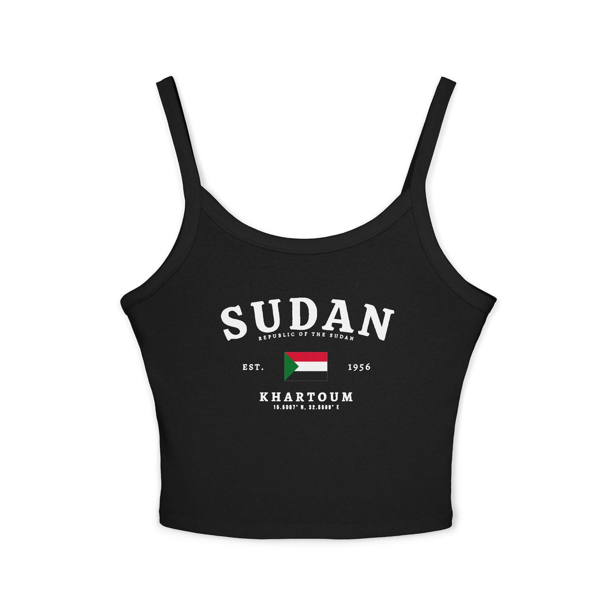 Black tank top with Sudan text, Republic of the Sudan flag, Khartoum, coordinates, and Est. 1956 design
