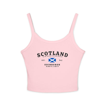 Navy tank top with vintage Scotland lettering, Scottish flag, EST. 843, and Edinburgh coordinates design