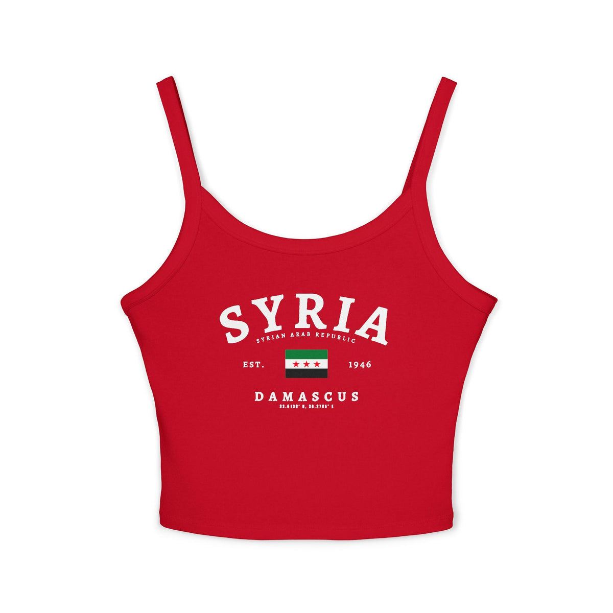 Black tank top with Syria lettering, Syrian Arab Republic text, flag, Est. 1946, and Damascus coordinates