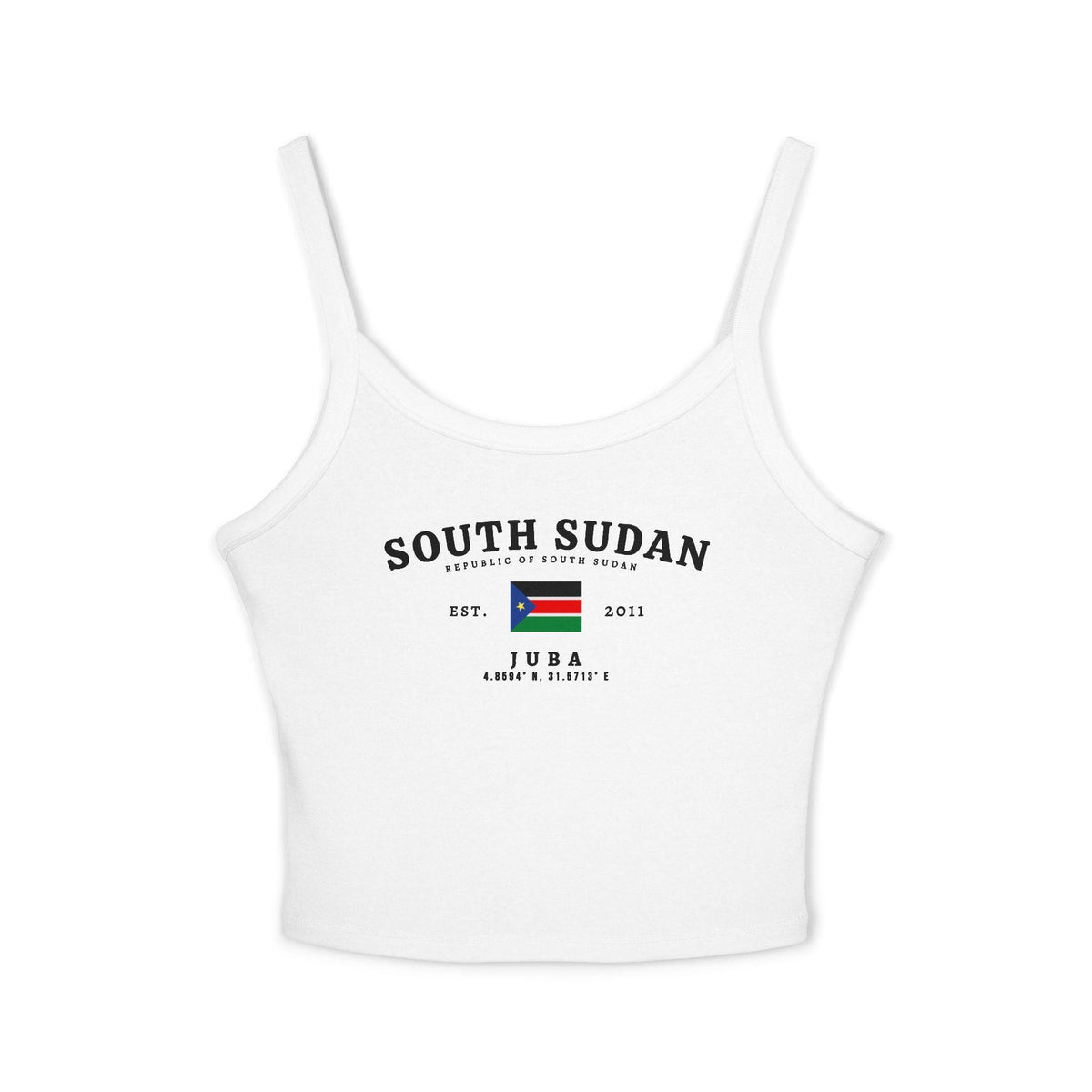 Black tank top with South Sudan text, flag, Juba, coordinates, and Est. 2011 design