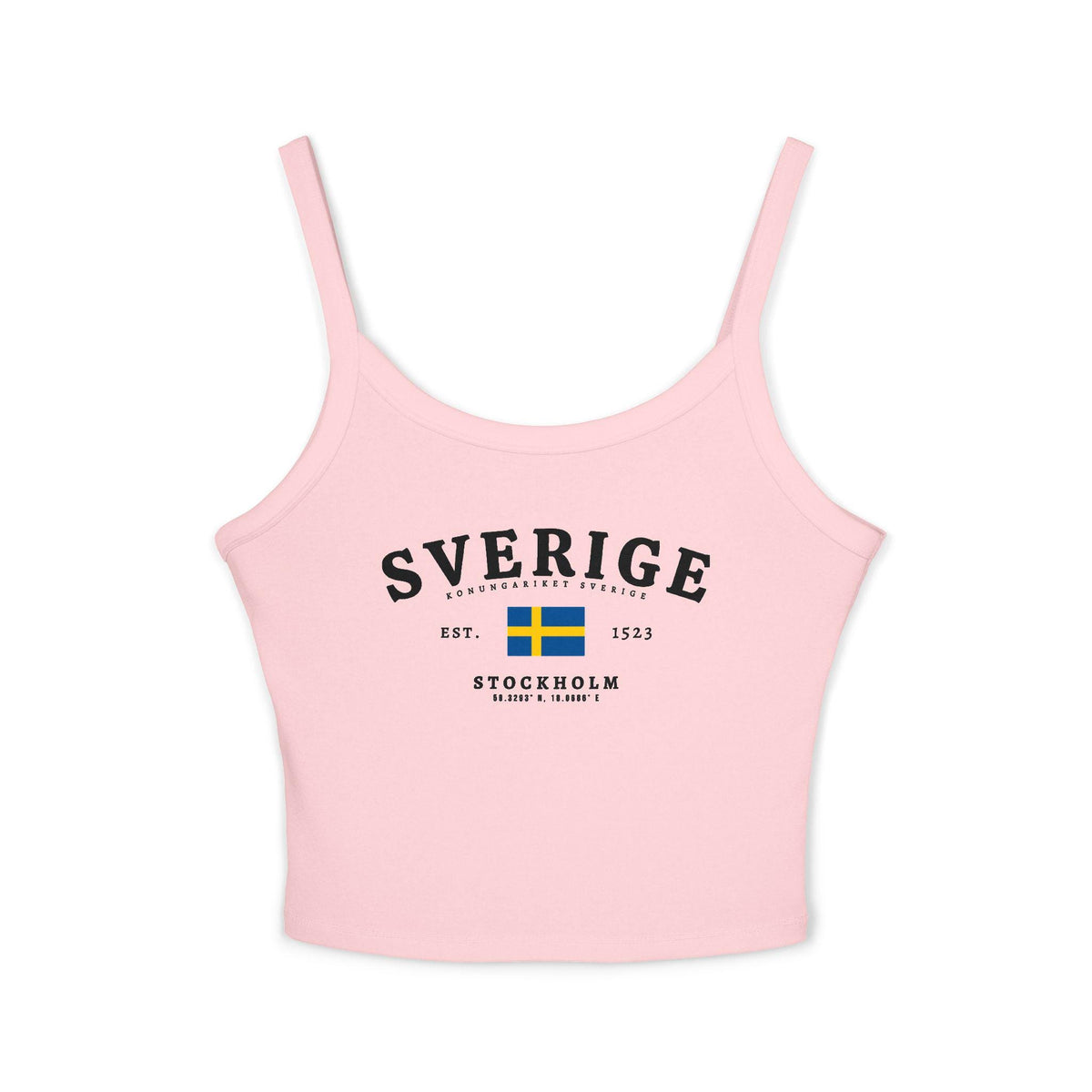 Navy tank top with white Sverige text, Swedish flag, Stockholm, coordinates, and est. 1523 design