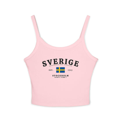 Navy tank top with white Sverige text, Swedish flag, Stockholm, coordinates, and est. 1523 design