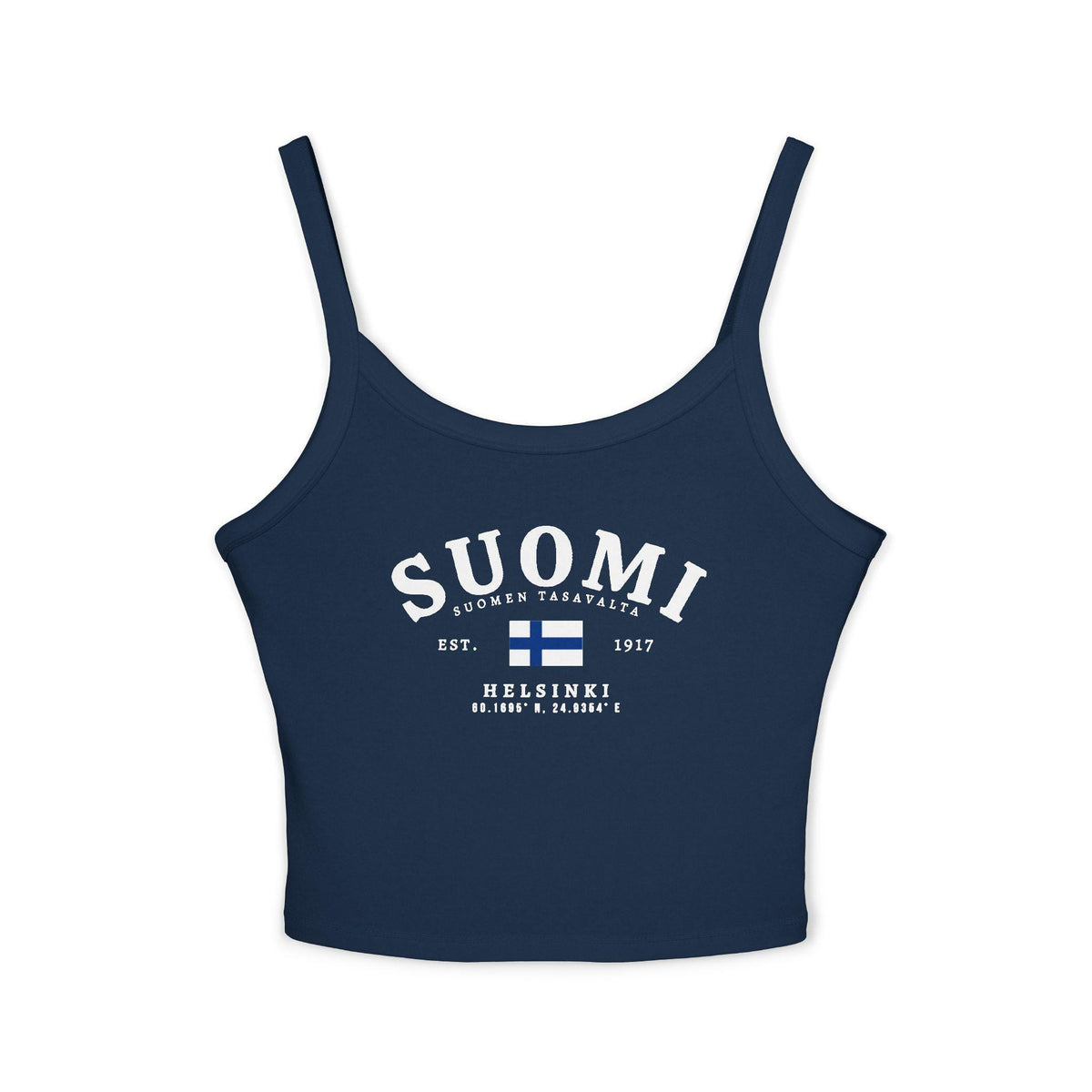 Light blue tank top with vintage Suomi Finland flag design, Helsinki text, and Est. 1917 details