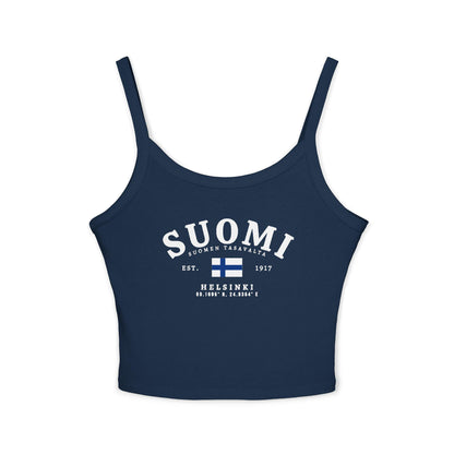 Light blue tank top with vintage Suomi Finland flag design, Helsinki text, and Est. 1917 details