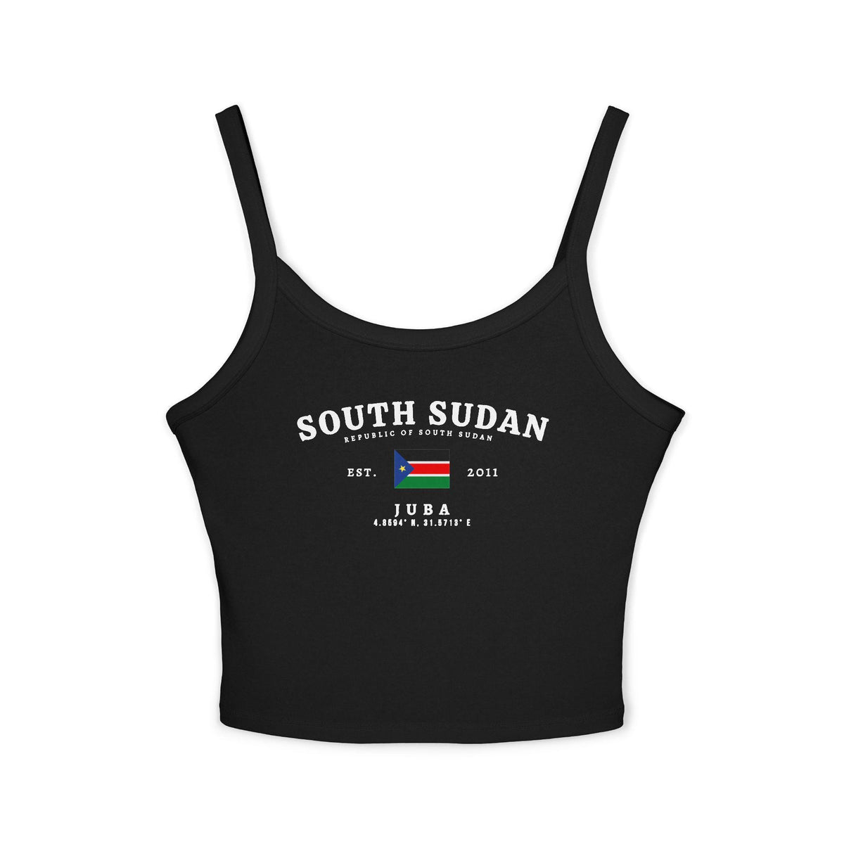 Black tank top with South Sudan text, flag, Juba, coordinates, and Est. 2011 design