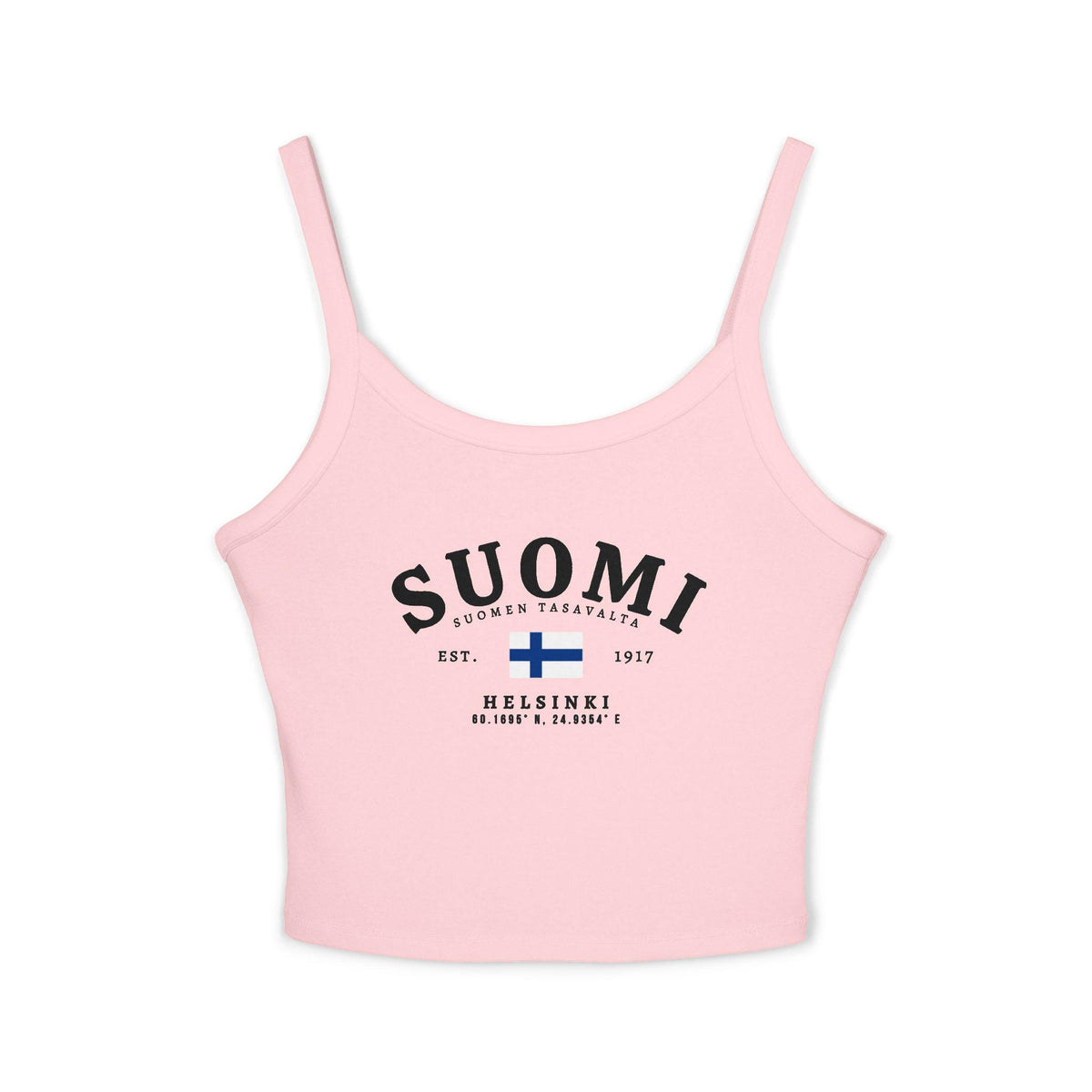 Light blue tank top with vintage Suomi Finland flag design, Helsinki text, and Est. 1917 details