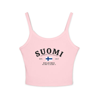 Light blue tank top with vintage Suomi Finland flag design, Helsinki text, and Est. 1917 details