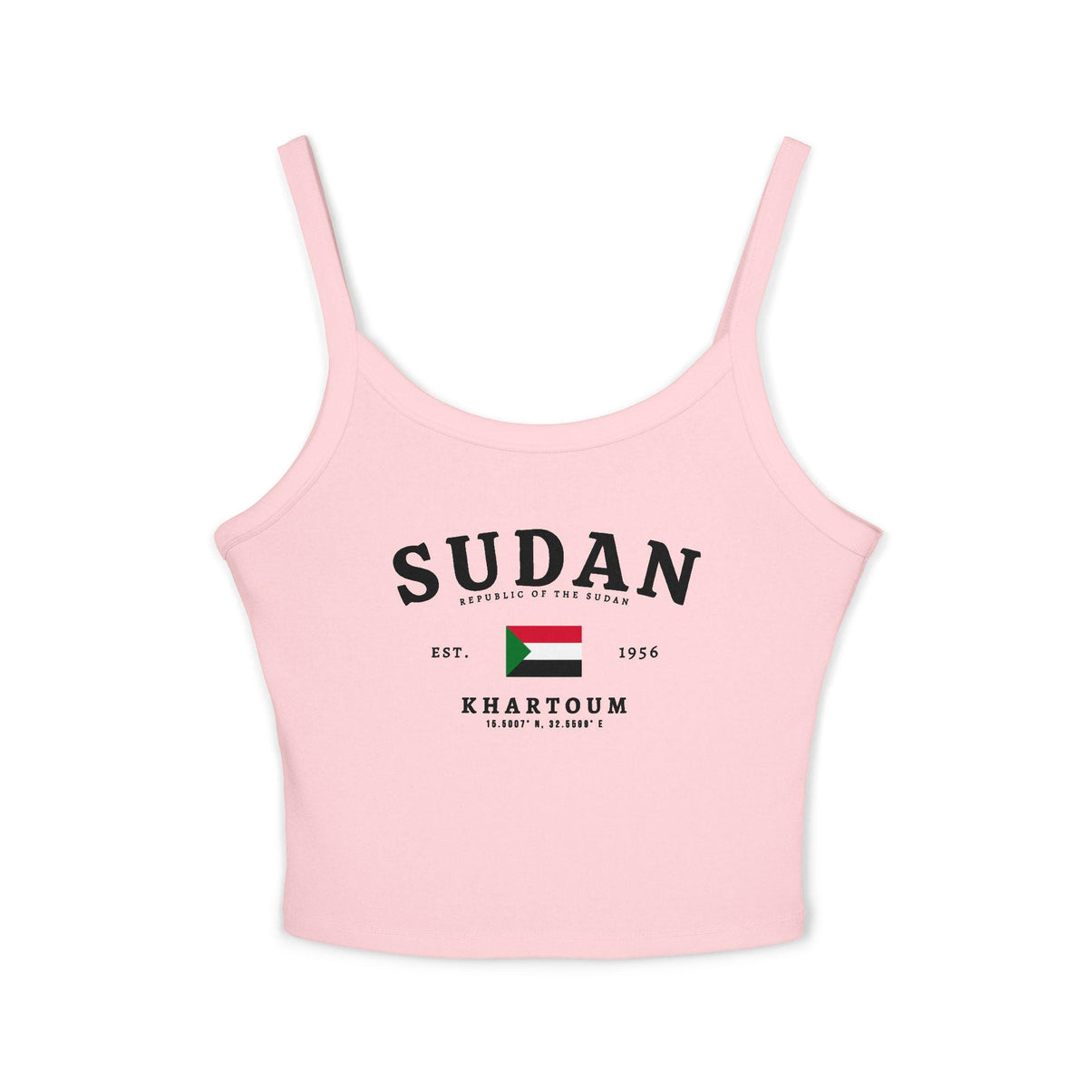 Black tank top with Sudan text, Republic of the Sudan flag, Khartoum, coordinates, and Est. 1956 design