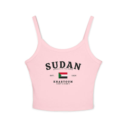 Black tank top with Sudan text, Republic of the Sudan flag, Khartoum, coordinates, and Est. 1956 design