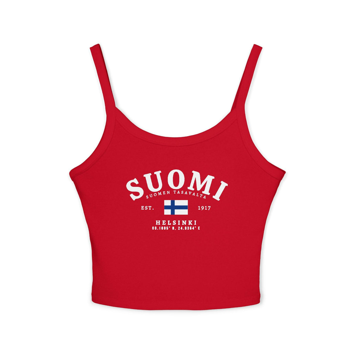 Light blue tank top with vintage Suomi Finland flag design, Helsinki text, and Est. 1917 details