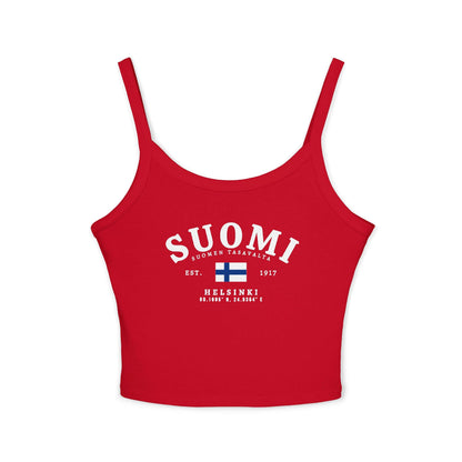Light blue tank top with vintage Suomi Finland flag design, Helsinki text, and Est. 1917 details