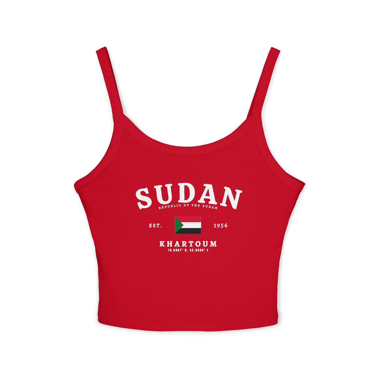 Black tank top with Sudan text, Republic of the Sudan flag, Khartoum, coordinates, and Est. 1956 design