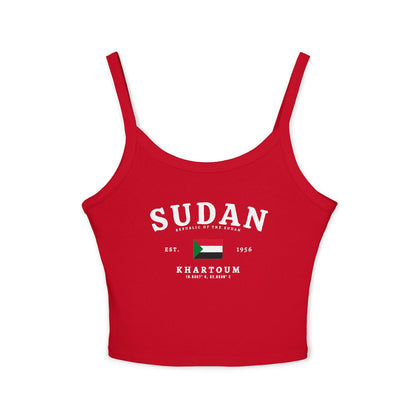 Black tank top with Sudan text, Republic of the Sudan flag, Khartoum, coordinates, and Est. 1956 design