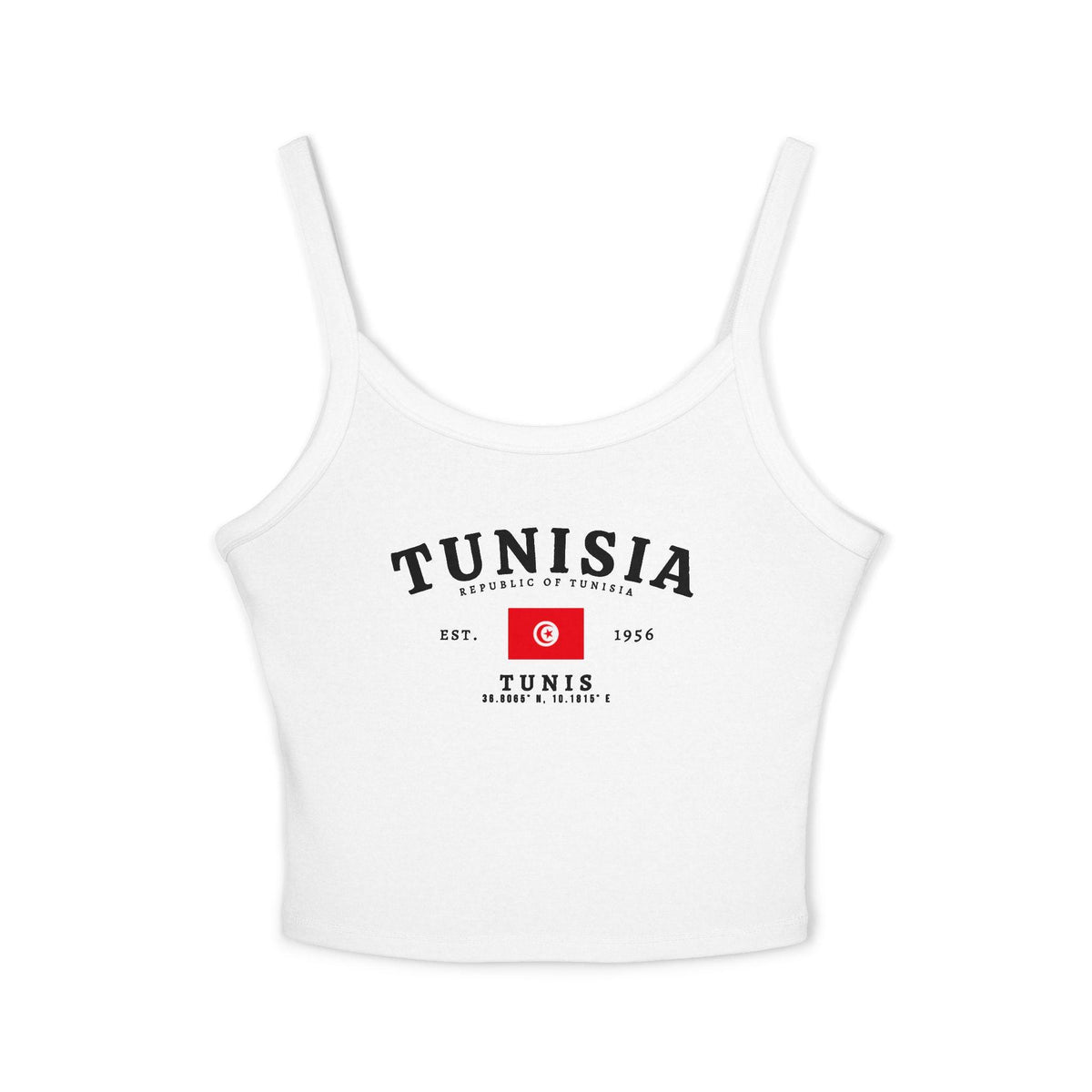 Red tank top with Tunisia text, Tunisian flag, Est. 1956, and Tunis coordinates design