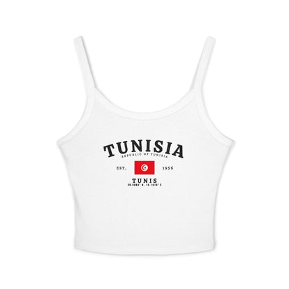 Red tank top with Tunisia text, Tunisian flag, Est. 1956, and Tunis coordinates design