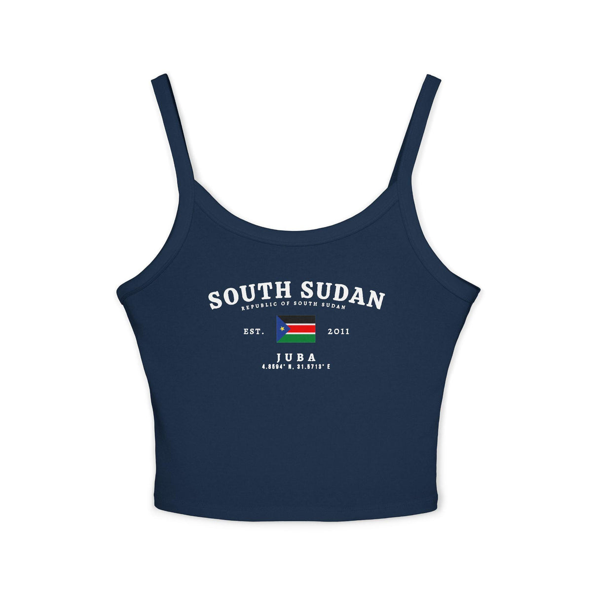 Black tank top with South Sudan text, flag, Juba, coordinates, and Est. 2011 design
