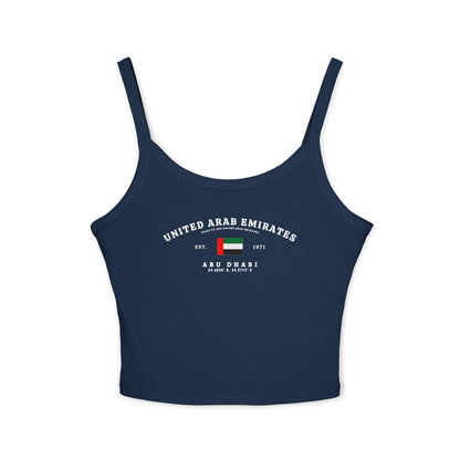 Navy tank top with United Arab Emirates flag, Abu Dhabi, Est. 1971, and arched UAE text design