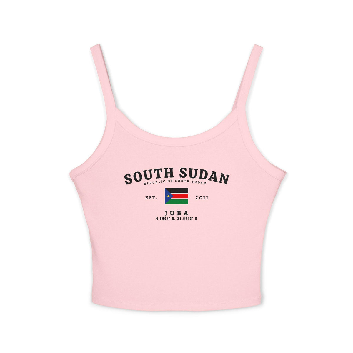 Black tank top with South Sudan text, flag, Juba, coordinates, and Est. 2011 design