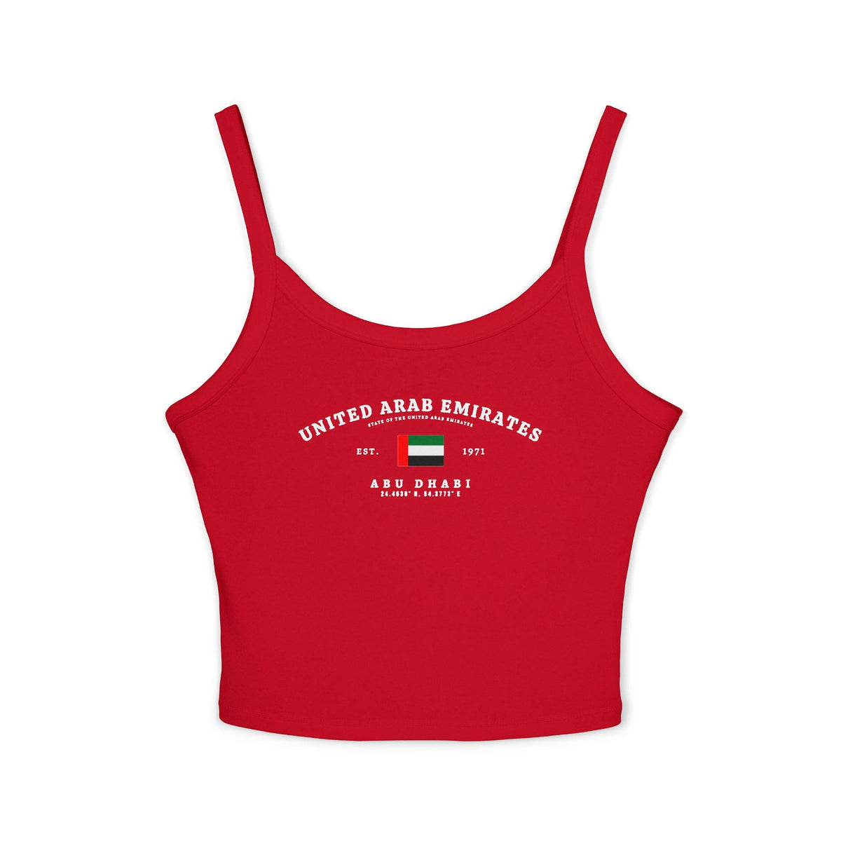 Navy tank top with United Arab Emirates flag, Abu Dhabi, Est. 1971, and arched UAE text design