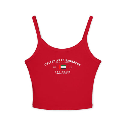 Navy tank top with United Arab Emirates flag, Abu Dhabi, Est. 1971, and arched UAE text design